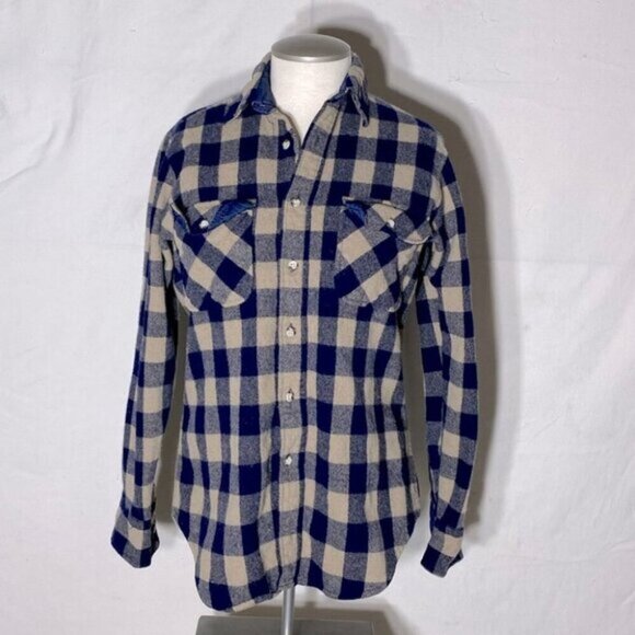 Vintage St. John’s Bay Virgin Wool Navy Tan Plaid Button Up Shirt M - Picture 2 of 12